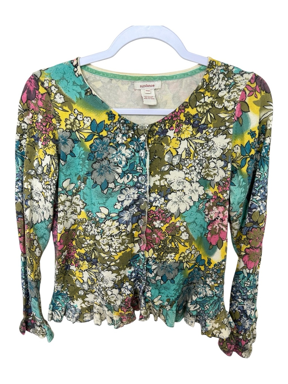Sundance Floral Ruffle Button-Front Long Sleeve Top Cardigan in Teal Multi